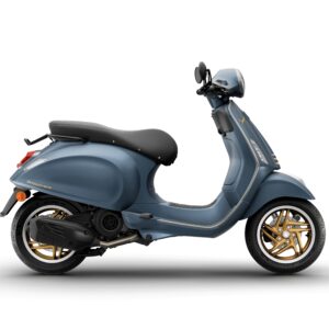 A side view of a stylish blue scooter with black leather seat and gold wheels, set against a white background.