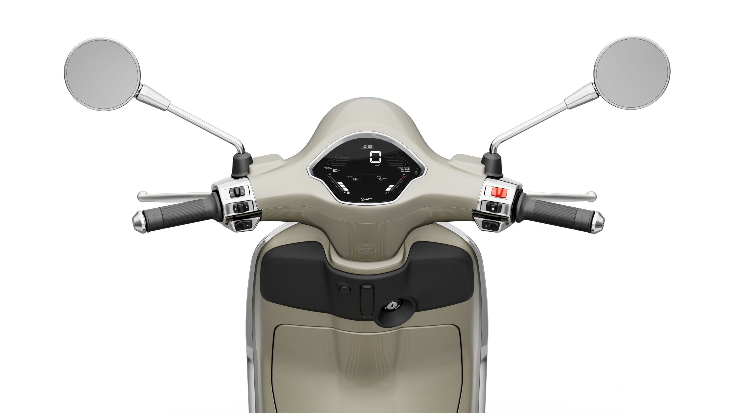 Vespa Primavera 50 MY26 Beige Avvolgente Dashboard Close-up view of a scooter's handlebars, featuring chrome mirrors, a digital speedometer, and control buttons on each side, all set against a neutral background.