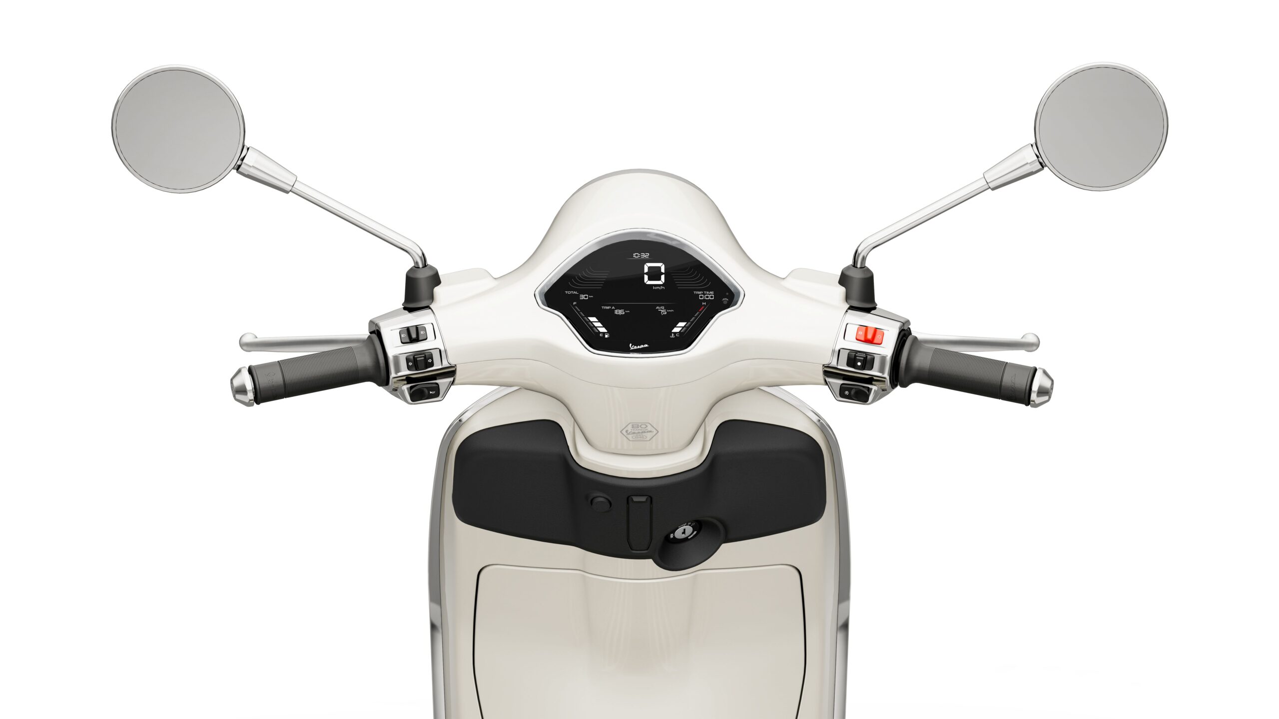 Vespa Primavera 50 MY26 Bianco Innocente Dashboard A close-up of a scooter's handlebars featuring a digital dashboard, chrome mirrors, and control levers on either side, set against a white background.