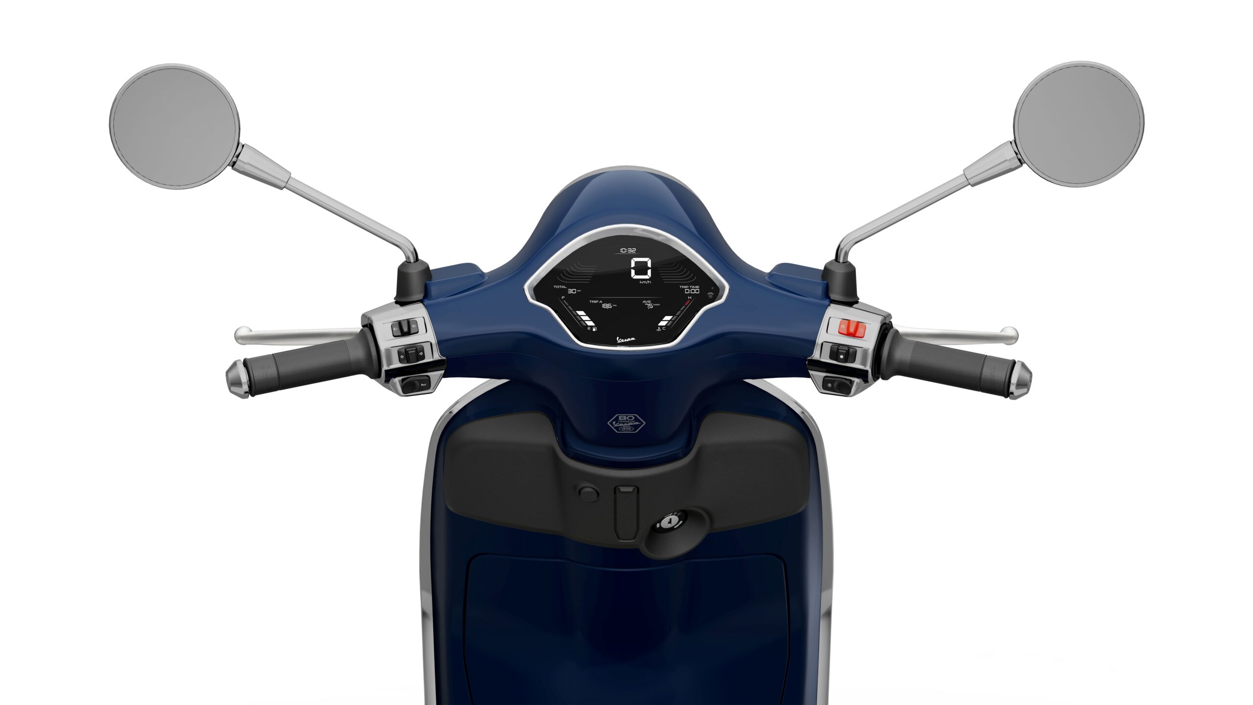 Vespa Primavera 50 MY26 Blue Energico Dashboard Front view of a blue scooter's handlebars, featuring mirrors, a digital speedometer, and control switches.