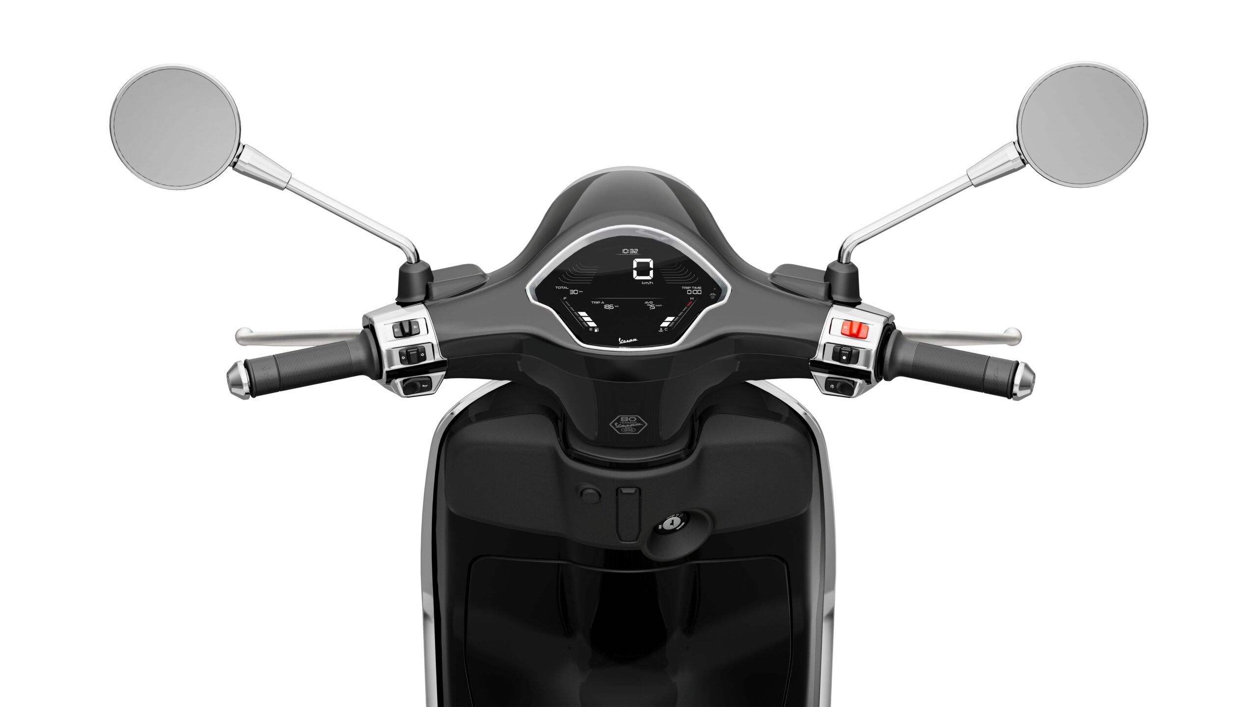 Vespa Primavera 50 MY26 Nero Convinto Dash Close-up view of a scooter's handlebars showing the grips, mirrors, and digital display with speed and fuel indicators.
