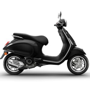 Vespa Primavera 50 MY26 A sleek black scooter is shown from the side, featuring a curved body, comfortable seat, and shiny wheels, set against a white background.