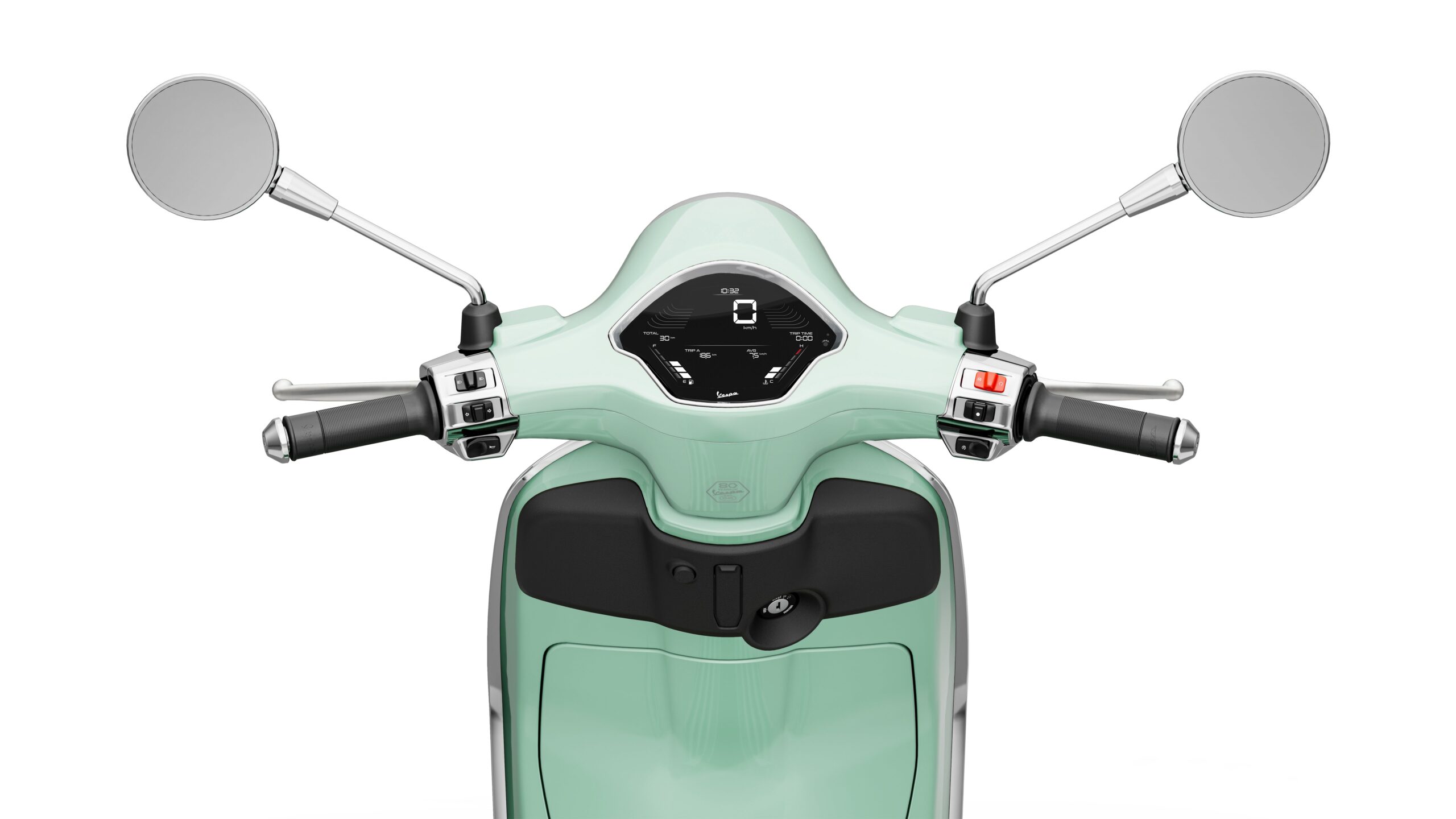 Vespa Primavera 50 MY26 Verde Amabile Dashboard Close-up view of a scooter's handlebar, featuring a mint green dashboard with a digital display, two mirrors, and control levers on either side.