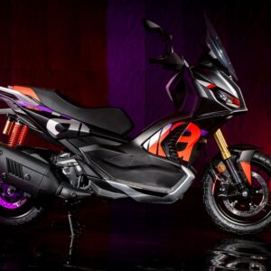 Aprilia SR GT 400 Rally Replica A sleek, modern scooter in black and orange, featuring a sporty design with a prominent front headlight, a high windshield, and distinctive color accents, set against a dramatic purple and red backdrop.